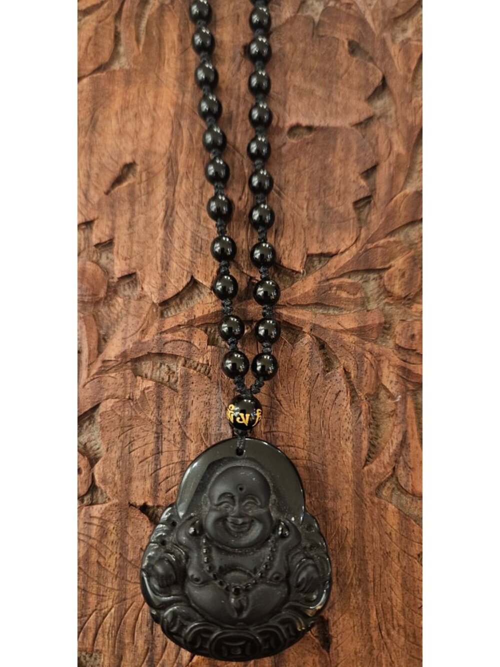 NEW Black Obsidian Buddha Pendant Necklace  Beaded Chain Spiritual Jewelry